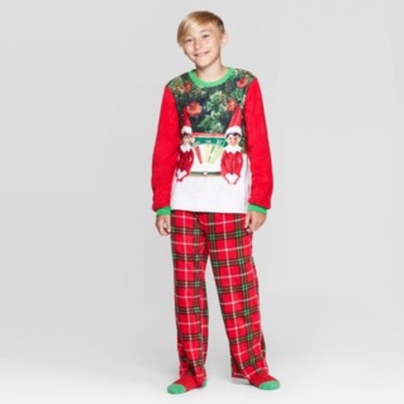 Elf on the Shelf Kids Red Plaid Long Sleeve Shirt and Pants Fleece Pajamas 3Pcs - Picture 2 of 3